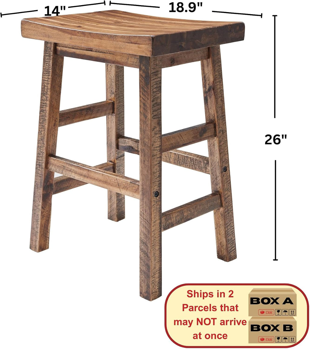 Alaterre Durango Solid Wood Rustic Bar Stool Set of 2, Natural, 26-Inch | Counter Height Backless Barstool Kitchen Seating with Saddle Seat, Barstools for Kitchen and Home Bar