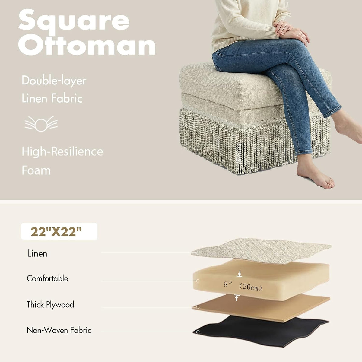 Hyfirm Brown Upholstered Ottoman Footstool with Fringe Skirt, 21.5" Square | Modern Tufted Soft Padded Footrest Cushion, Decorative Boho Tassel Vanity Accent Stool for Living Room Bedroom Entry