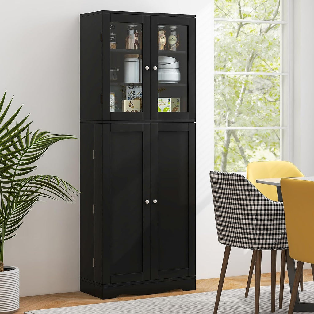 SlickBlue Tall Kitchen Pantry Cabinet with Tempered Glass Doors and Storage Shelves