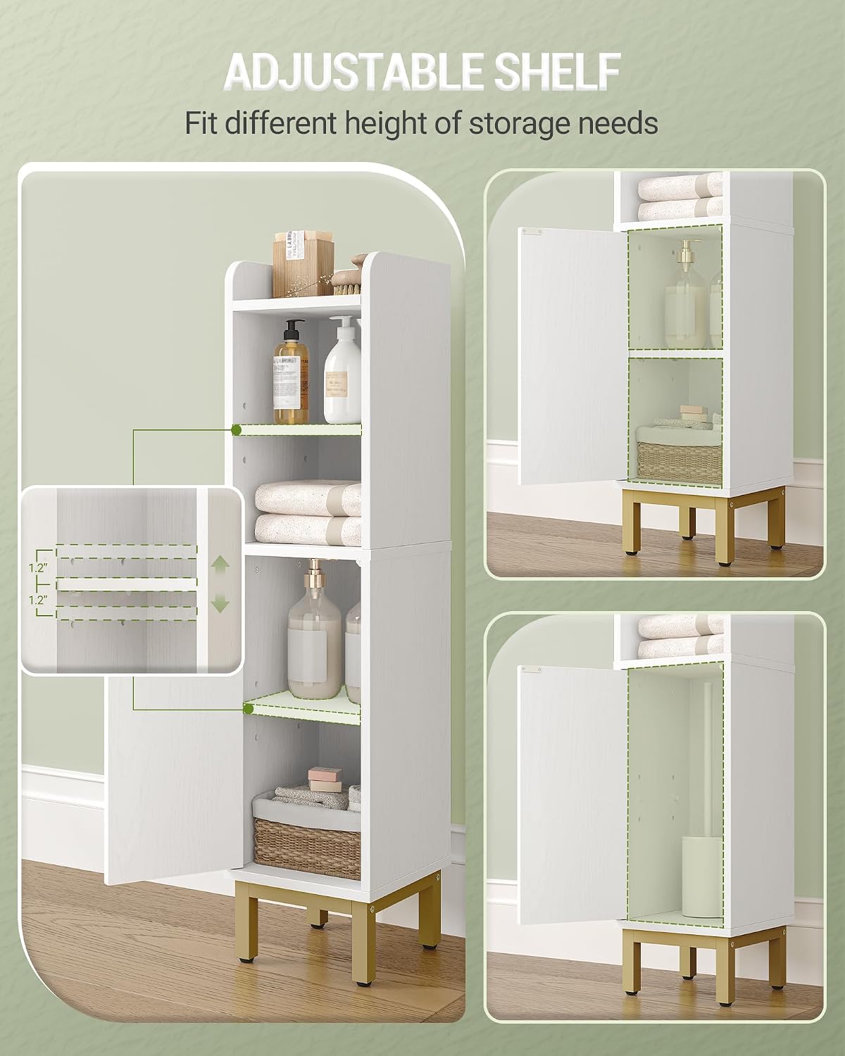 Hzuaneri Bathroom Storage Cabinet, Small Corner Floor Cabinet | Narrow Toilet Paper Holder, Bathroom Organizer with Adjustable Shelf, 2 Doors, for Small Spaces, White BC08203X