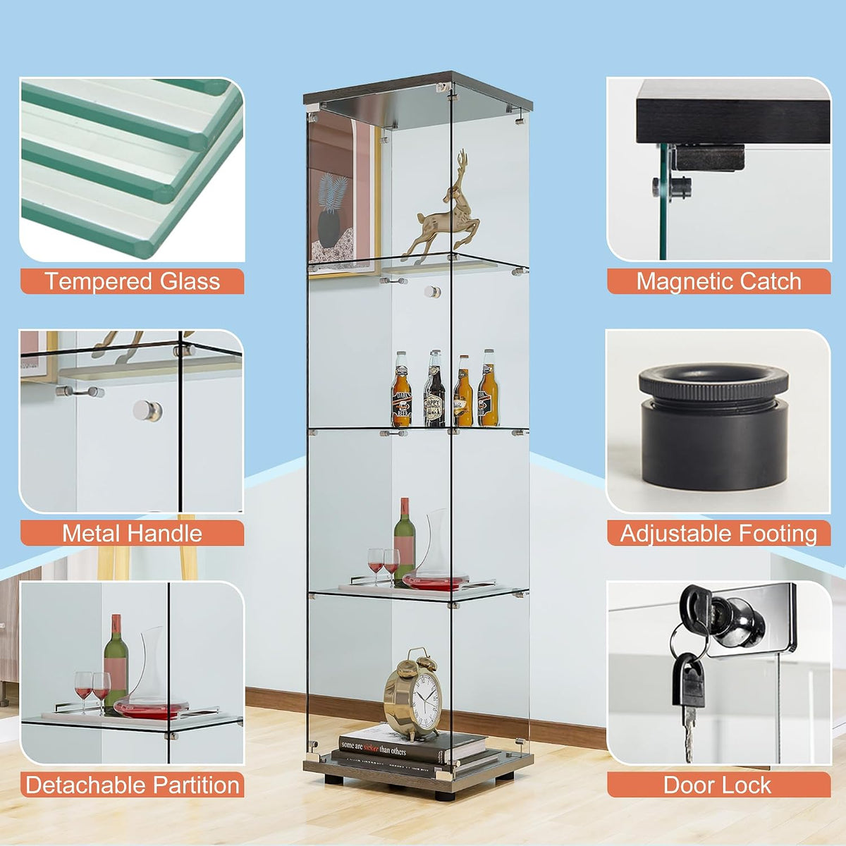 FANYUSHOW Tempered Glass Display Cabinet 4-Shelf Curio Cabinet with Security Lock 5mm Display Shelf Showcase for Living Room/Bedroom/Office- Black 64.7" H x 16.7" L x 14.37" W