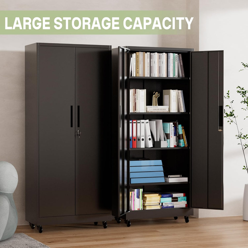 Metal Storage Cabinet with Wheels, 73" H Garage Storage Cabinet with Doors and Adjustable Shelves, Heavy Duty Locking Tool Cabinet Utility Cabinets for Home Office, Garage, Warehouse (Black)