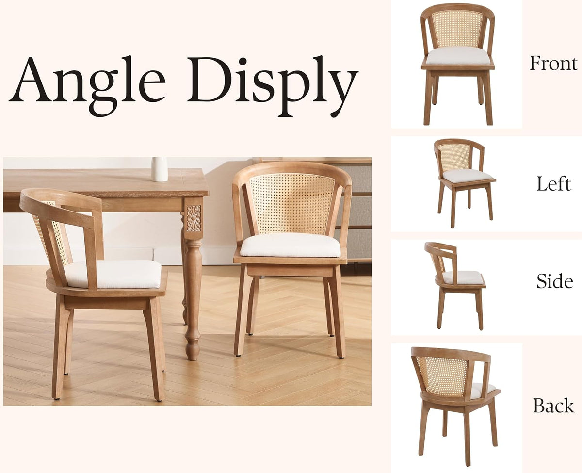 EALSON Rattan Mid Century Dining Chairs Set of 2 Modern Farmhouse Wooden Dining Room Chairs with Cane Curved Back Linen Fabric Upholstered Comfortable Kitchen Side Chairs for Restaurant, Beige