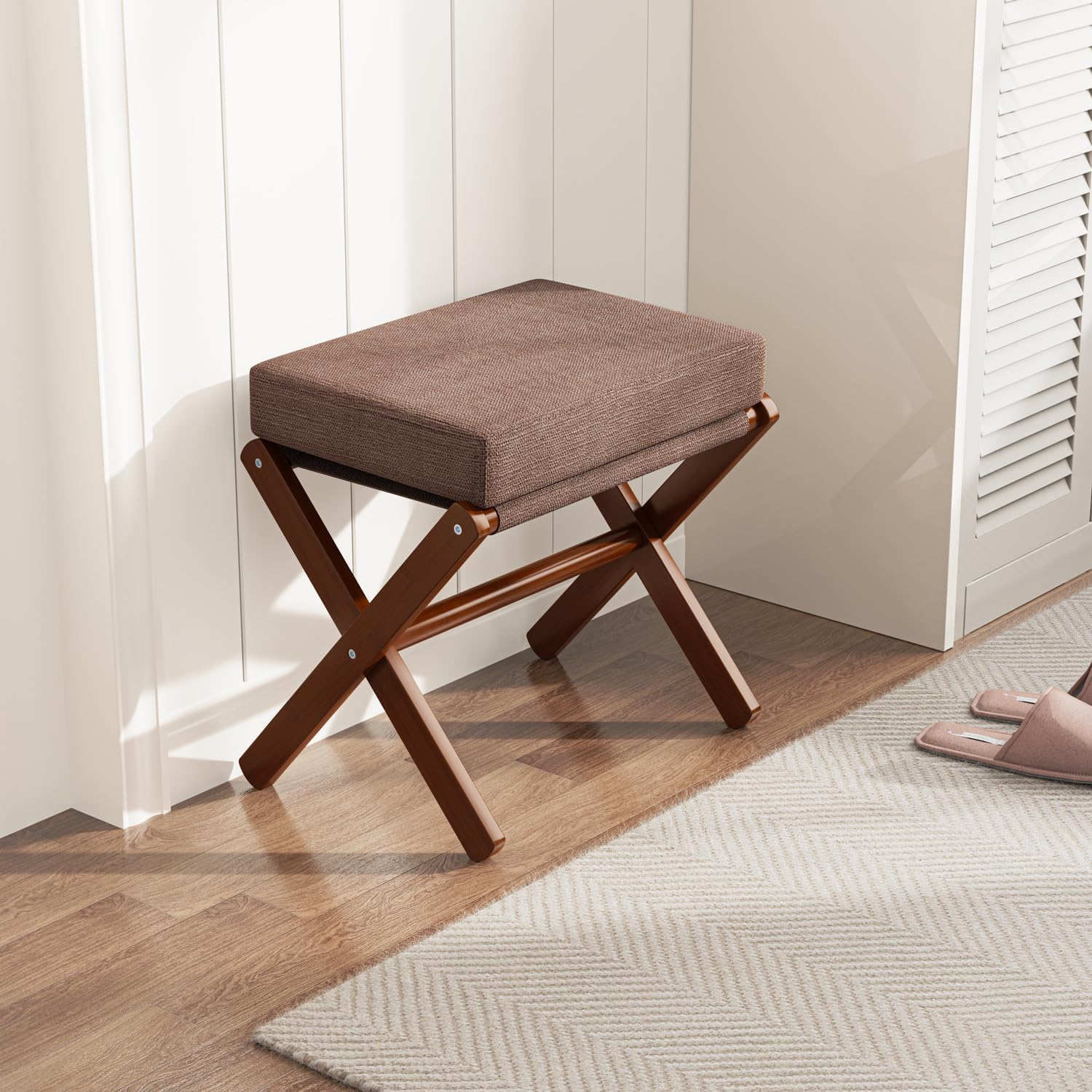 BAMBOOHOMIE Foldable Foot Stool Ottoman, Modern Foot Rest with Bamboo X Legs & Thick Foam Cushion, Folding Foot Stools Small Padded for Bedroom Living Room, Footstool for Chair Couch (Brown - Brown)