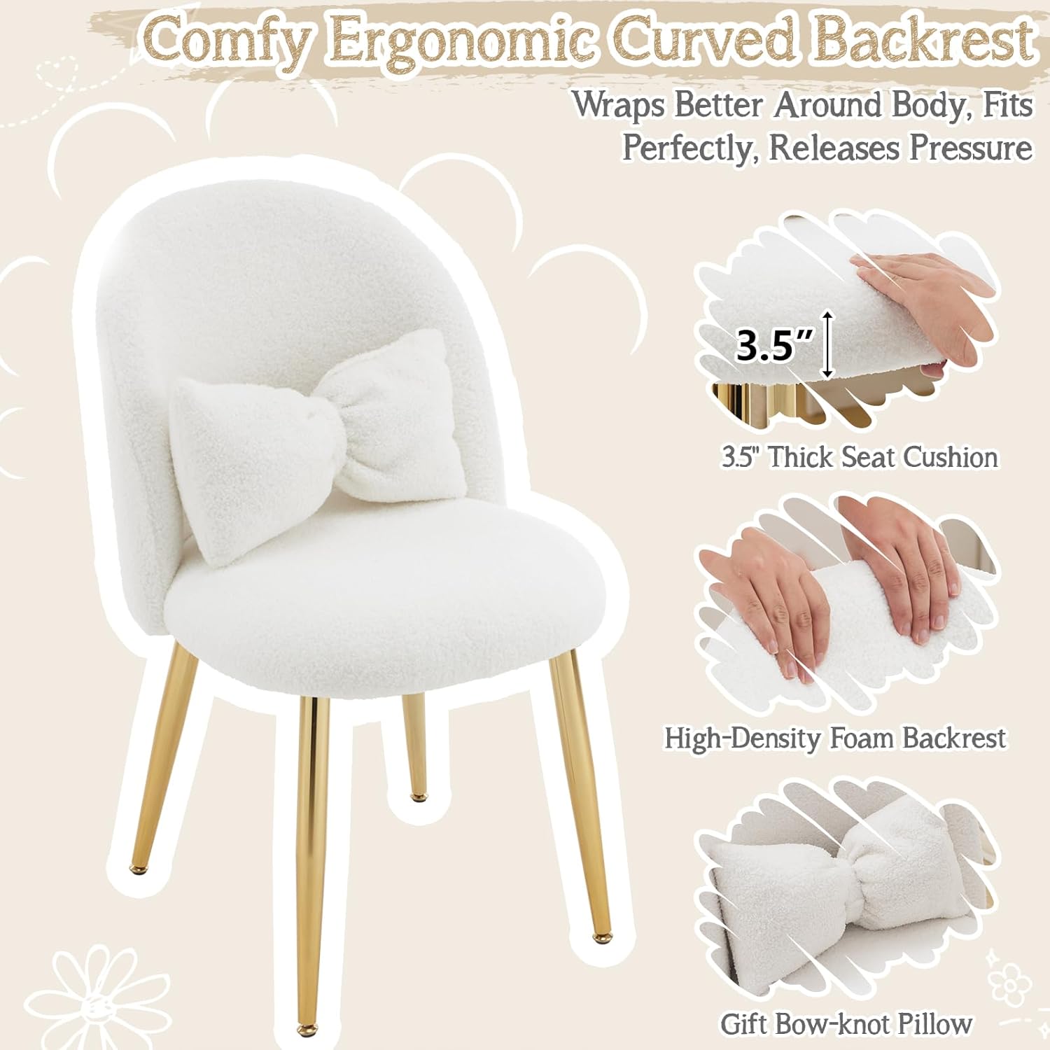 VINGLI Boucle Girls Vanity Chair with Back & Pillow,Cute Small Cozy Desk Chair No Wheels,Comfy Makeup Ch with Ajustable Gold Legs,for Bedroom,Living Room,Small Space,White