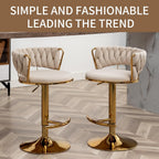 Gold Bar Stools Set of 3, Counter Stools for Kitchen Island (Beige) | Adjustable Height Barstools with Woven Backs, Luxury Velvet Upholstery, Swivel Bar Chairs for Home Bar, Cafe