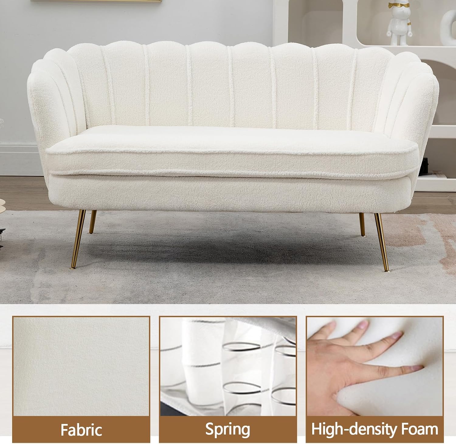 59" Small Loveseat Sofa 2-Seater, Modern Chenille Couch with Gold Metal Legs & Floral Backrest, Compact Apartment Sofa for Living Room, Bedroom, Office, Dorm (Boucle, Ivory)
