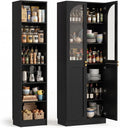 Cyclysio 80" Tall Pantry System with Tempered Glass Doors, Arched Pantries with 6-Tier Open Shelves, Wooden Cupboard Storage Organizer with Baseboard Cutout for Living Room