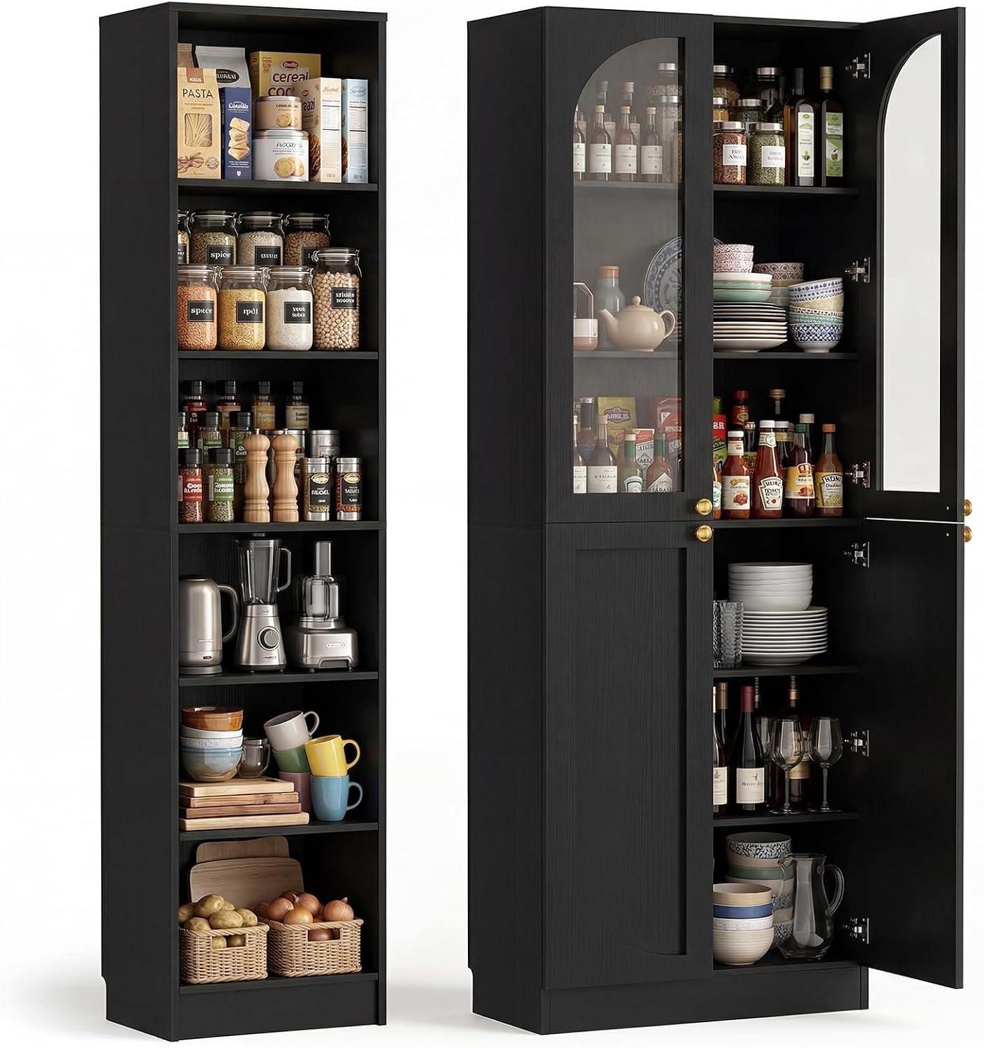 Cyclysio 80" Tall Pantry System with Tempered Glass Doors, Arched Pantries with 6-Tier Open Shelves, Wooden Cupboard Storage Organizer with Baseboard Cutout for Living Room