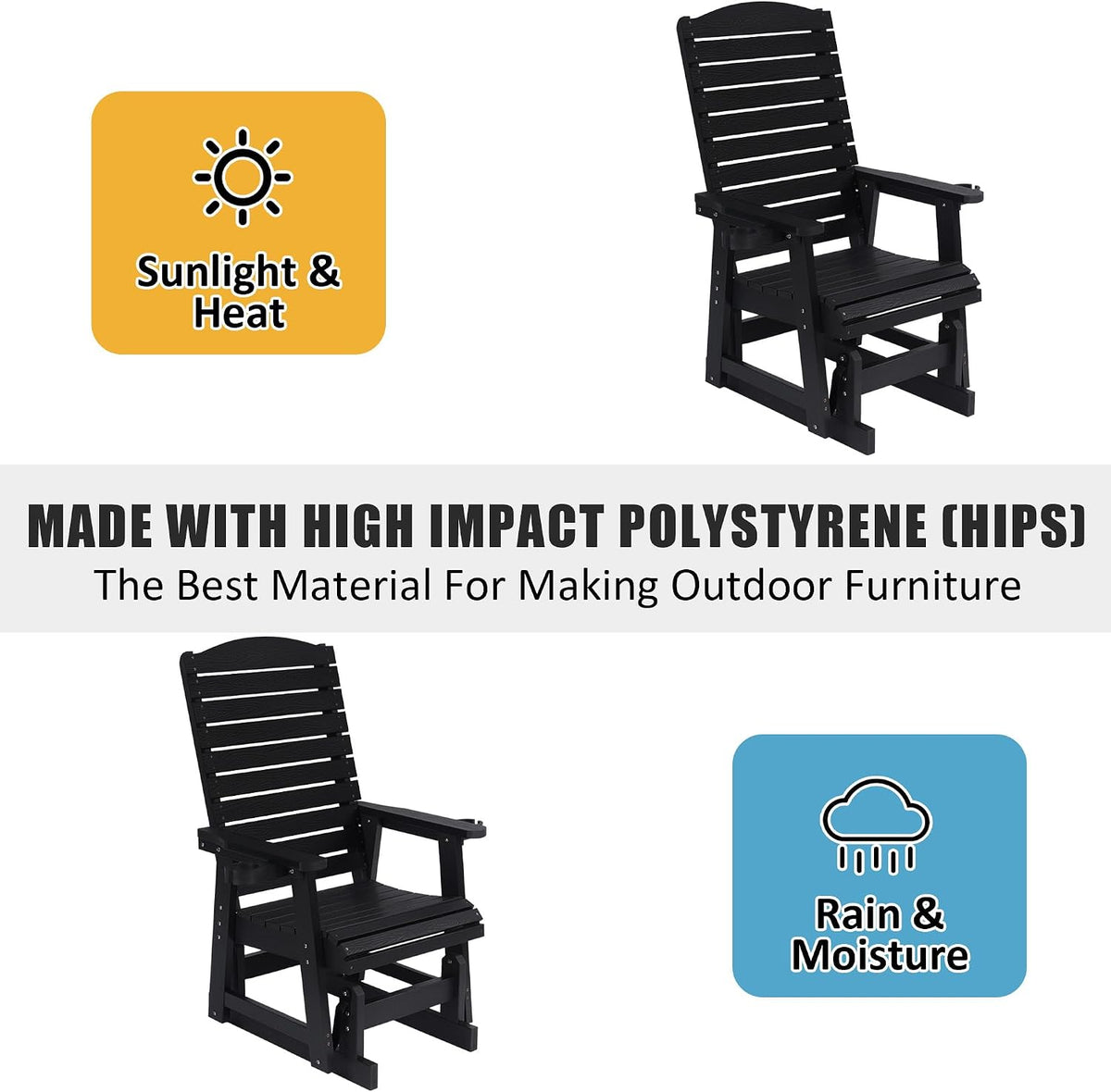 Poly Lumber Patio Glider for One Person, with Cup Holders, High Backrest and Deep Contoured Seat, HIPS Material, All-Weather Resistant, Heavy Duty 700 Pounds (Black)