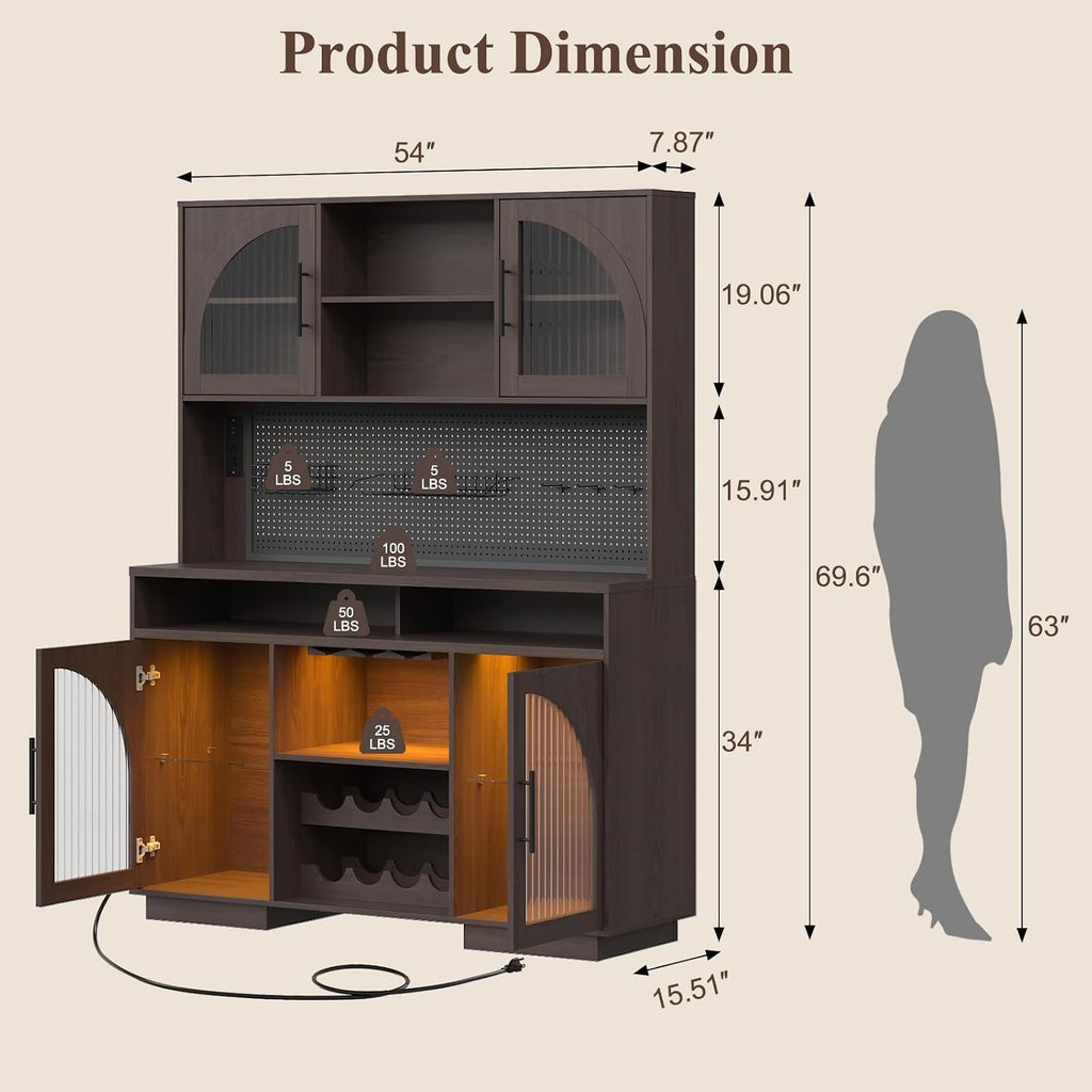 71" Tall Pantry Cabinet with Power Outlet & Pegboard, Kitchen Hutch Storage Cabinet with Arched Fluted Glass Doors, LED Lights, Wine Rack, Baskets & Adjustable Shelves, Brown
