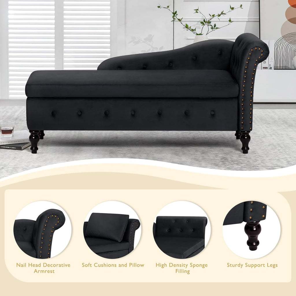 Chaise Lounge with Right Armrest & Lumbar Pillow,Button Tufted Lounge Sofa with Storage,Lounge Chair Indoor,Modern Upholstered Velvet Lounge Chair for Bedroom, Living Room and Office,Black