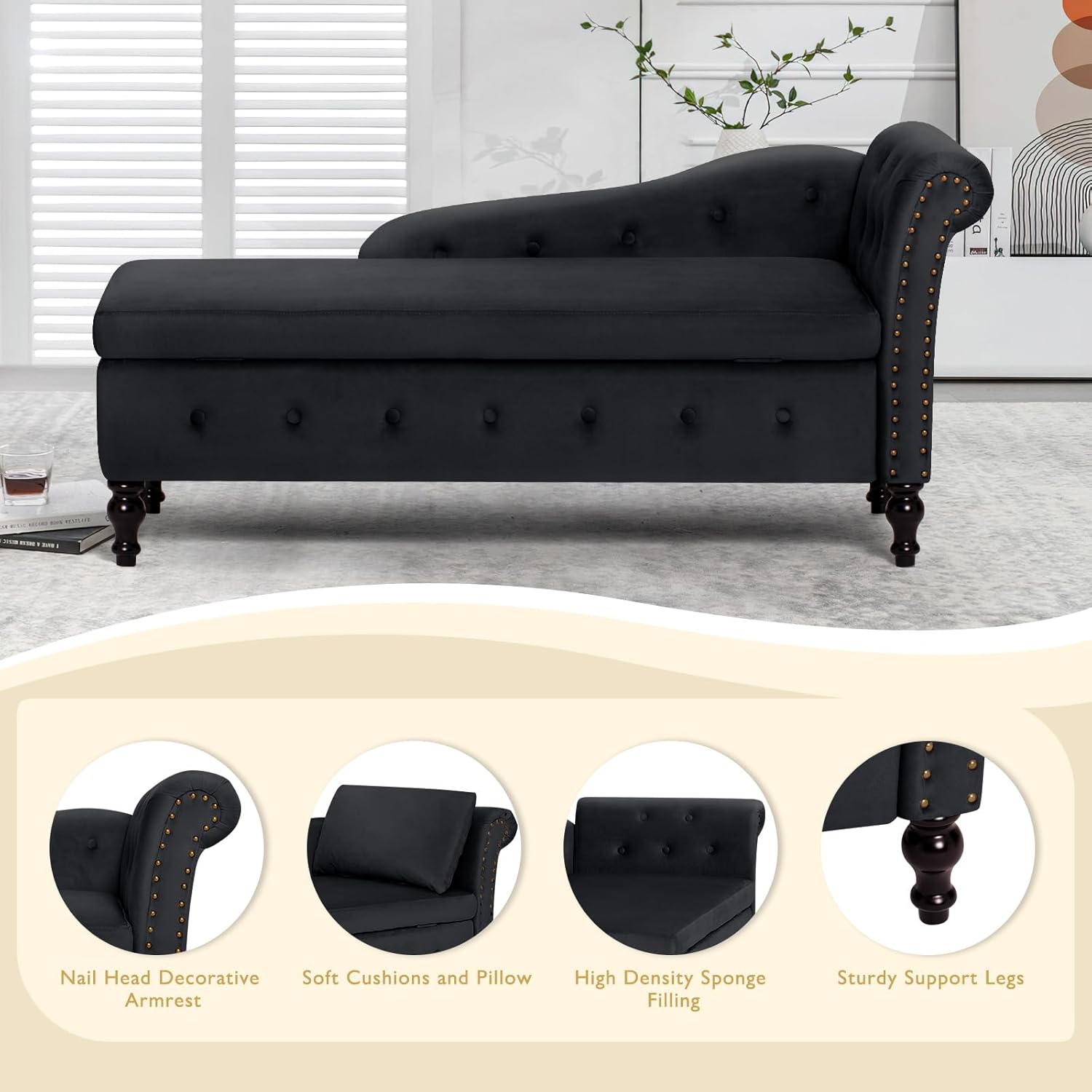 Chaise Lounge with Right Armrest & Lumbar Pillow,Button Tufted Lounge Sofa with Storage,Lounge Chair Indoor,Modern Upholstered Velvet Lounge Chair for Bedroom, Living Room and Office,Black