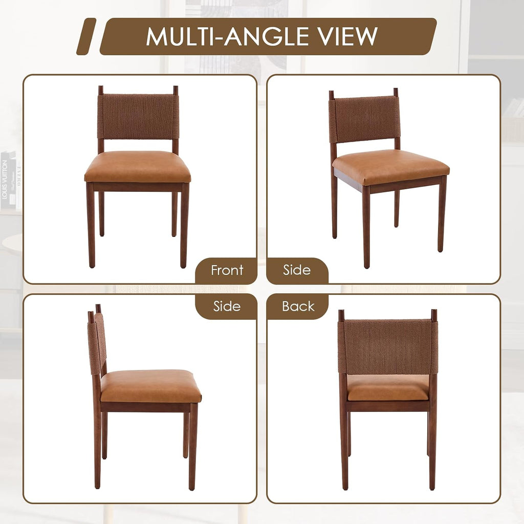 CIMOTA Brown Leather Dining Chairs Set of 2, Mid Century Modern Upholstered Dining Room Chairs with Woven Back, Armless Kitchen Chairs with Walnut Solid Wood Legs, PU