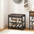 HOOBRO Small Shoe Bench, 3-Tier Shoe Rack, Shoe Storage Bench with PU Seat Cushion, Entryway Shoe Rack Bench with Metal Mesh Shelves, Freestanding Shoe Organizer for Hallway, Brown CB33HX01