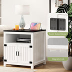 End Table with Charging Station, 23.6''W Large Sofa Side Table with Barn Door, Farmhouse Nightstand for Living Room, Bedroom
