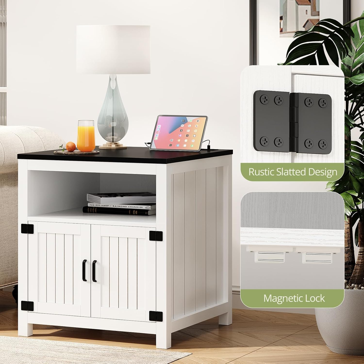 End Table with Charging Station, 23.6''W Large Sofa Side Table with Barn Door, Farmhouse Nightstand for Living Room, Bedroom
