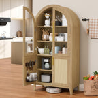 63" Tall Arched Cabinet with Glass Doors, Kitchen Pantry Storage Cabinet with Dust-Proof Rattan, 5-Tier Curio China Cabinet with Adjustable Shelves for Living Room Dining Room, Oak