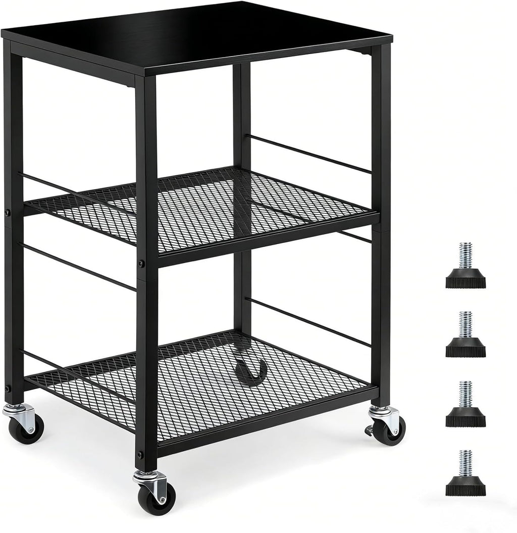 MOOACE 3 Tier End Table with Wheel, Rolling Storage Shelf Side Table Nightstand for Bedroom Kitchen Living Room Office, Stable Metal Frame and Wood Top, Black