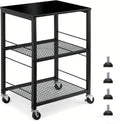MOOACE 3 Tier End Table with Wheel, Rolling Storage Shelf Side Table Nightstand for Bedroom Kitchen Living Room Office, Stable Metal Frame and Wood Top, Black