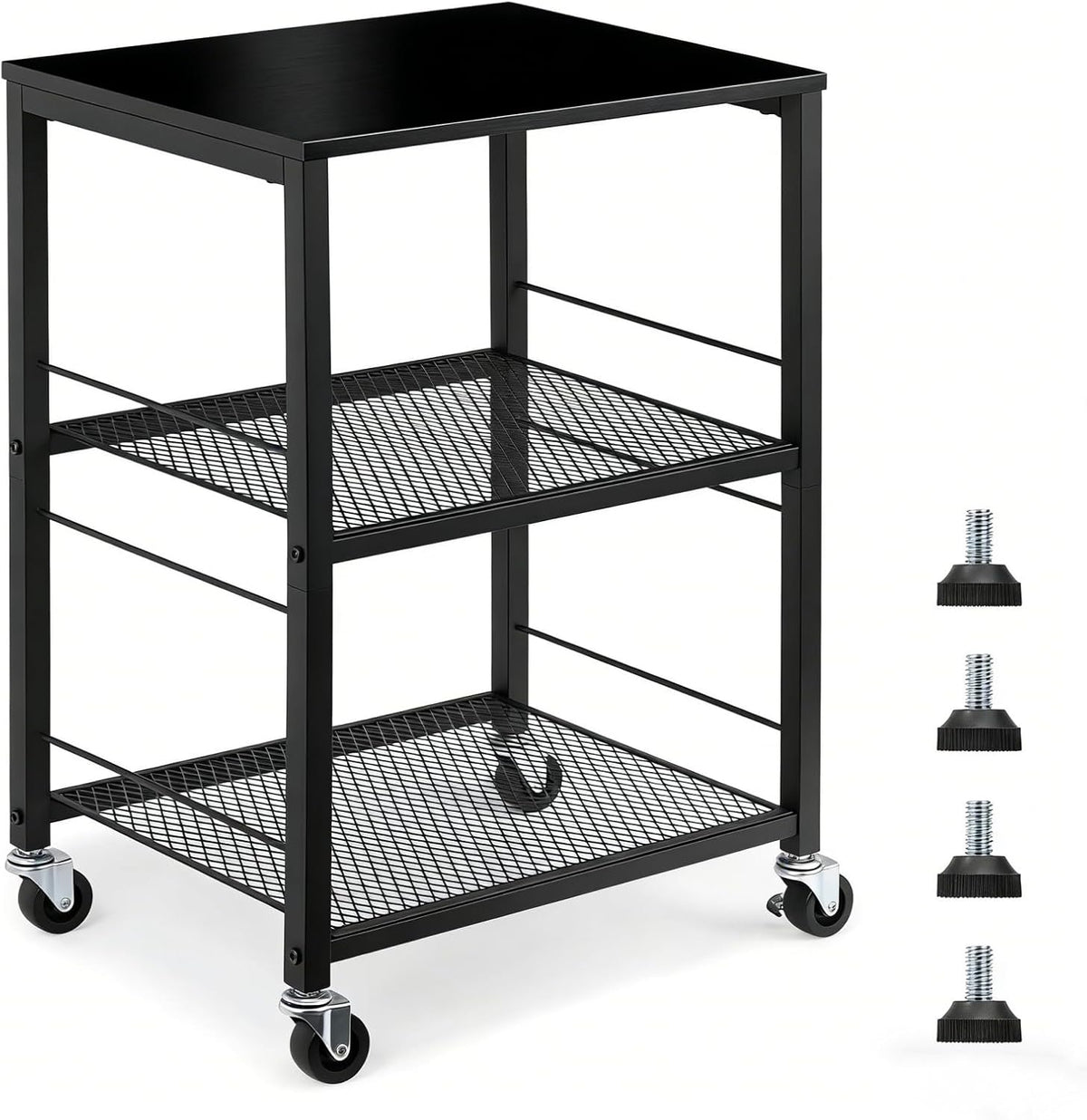 MOOACE 3 Tier End Table with Wheel, Rolling Storage Shelf Side Table Nightstand for Bedroom Kitchen Living Room Office, Stable Metal Frame and Wood Top, Black