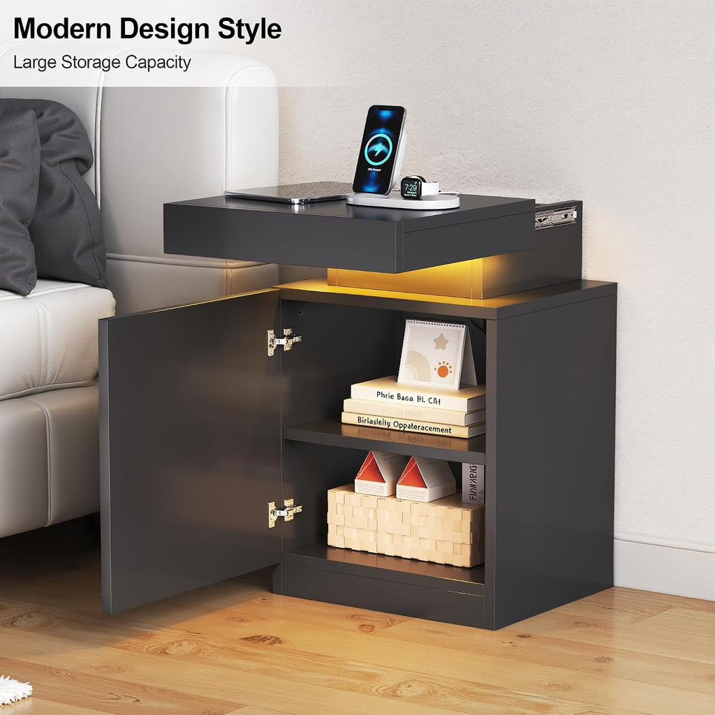 MXV Nightstand with LED Lights & Charging Station, Black Bedside Tables with USB Ports, Storage Cabinet & Drawers for Bedroom, Modern End Tables for Living Room(24 in Tall)