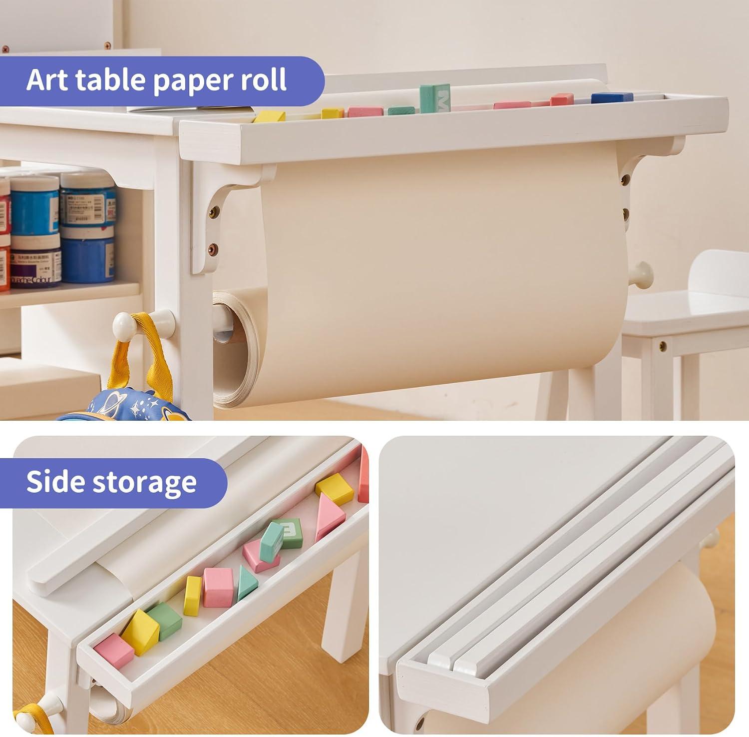 UNICOO Kids Art Table and Chair Set with Paper Roll Holder, Toddler Craft Table with Storage Shelves, Side Supply Tray, Removable Organizer Caddy and 2 Stools, Drawing Activity Desk for Ages 2-12