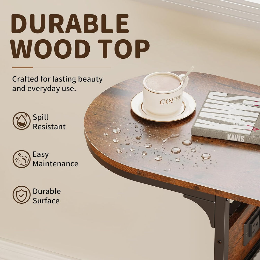 C Shaped End Table with Charging Station, Small Side Table for Couch, C Table Slides Under Sofa with Storage Bag, TV Tray Table for Recliner, Living Room, Bedside, Bedroom, Small Spaces, Rustic Brown