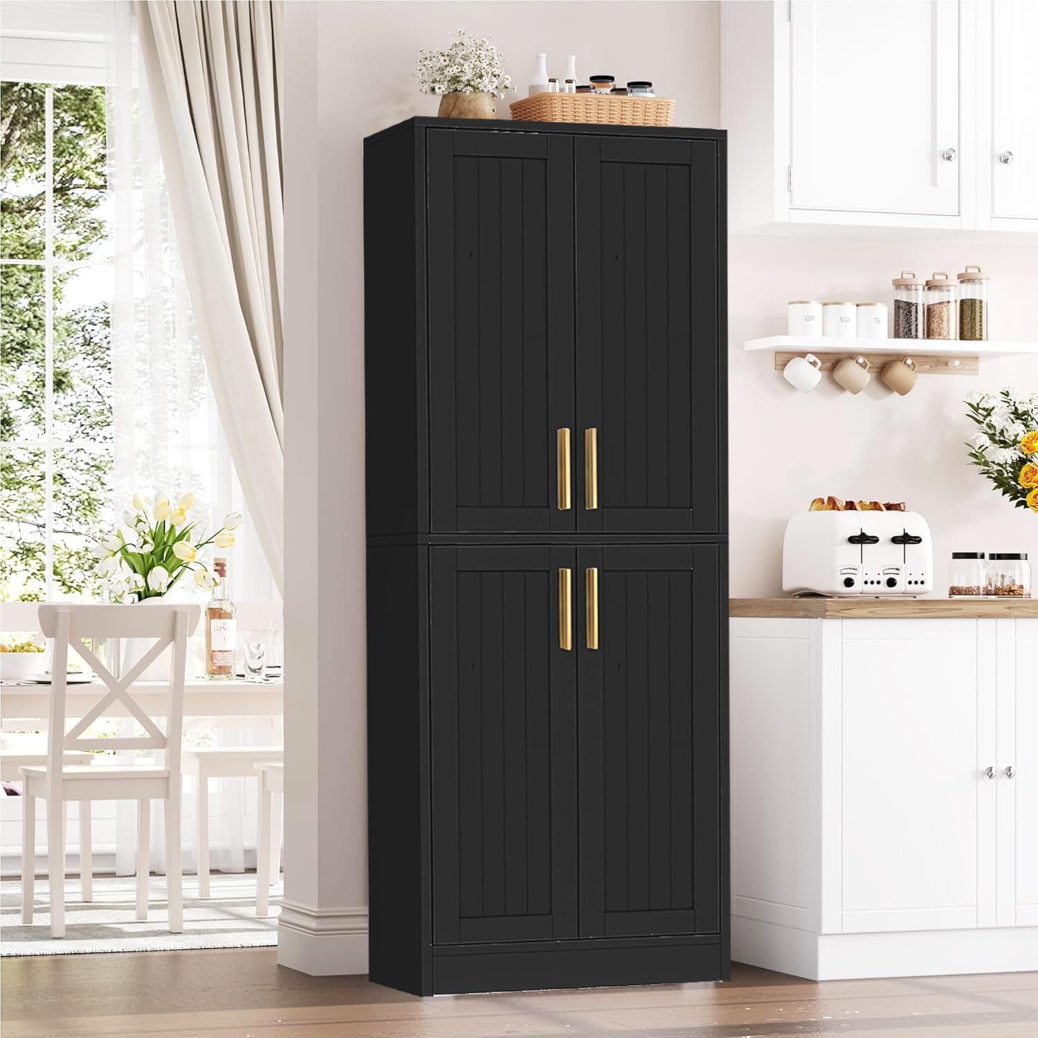 67.7" Tall Kitchen Pantry Storage Cabinet,with 4 Doors,2 Adjustable Shelves,Freestanding Cupboard Farmhouse for Kitchen,Living,Bathroom,Laundry,Dining Room,Assemble Required,Black