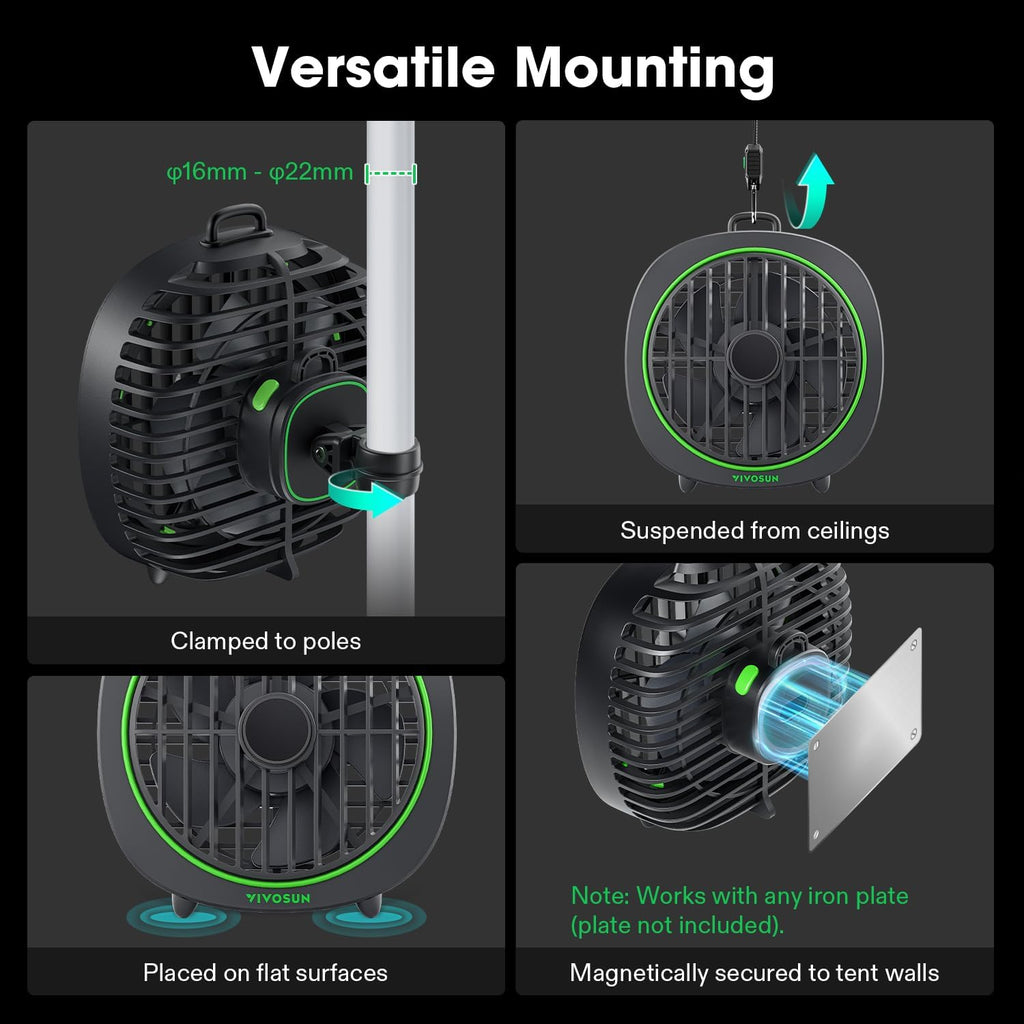 VIVOSUN AeroWave D4, 4” Grow Tent Clip Fan with Detachable Hook, 3-Speed Strong & Quiet Airflow, Adjustable Airflow Angle for Hydroponics, Circulation & Cooling, Black, 2-Pack