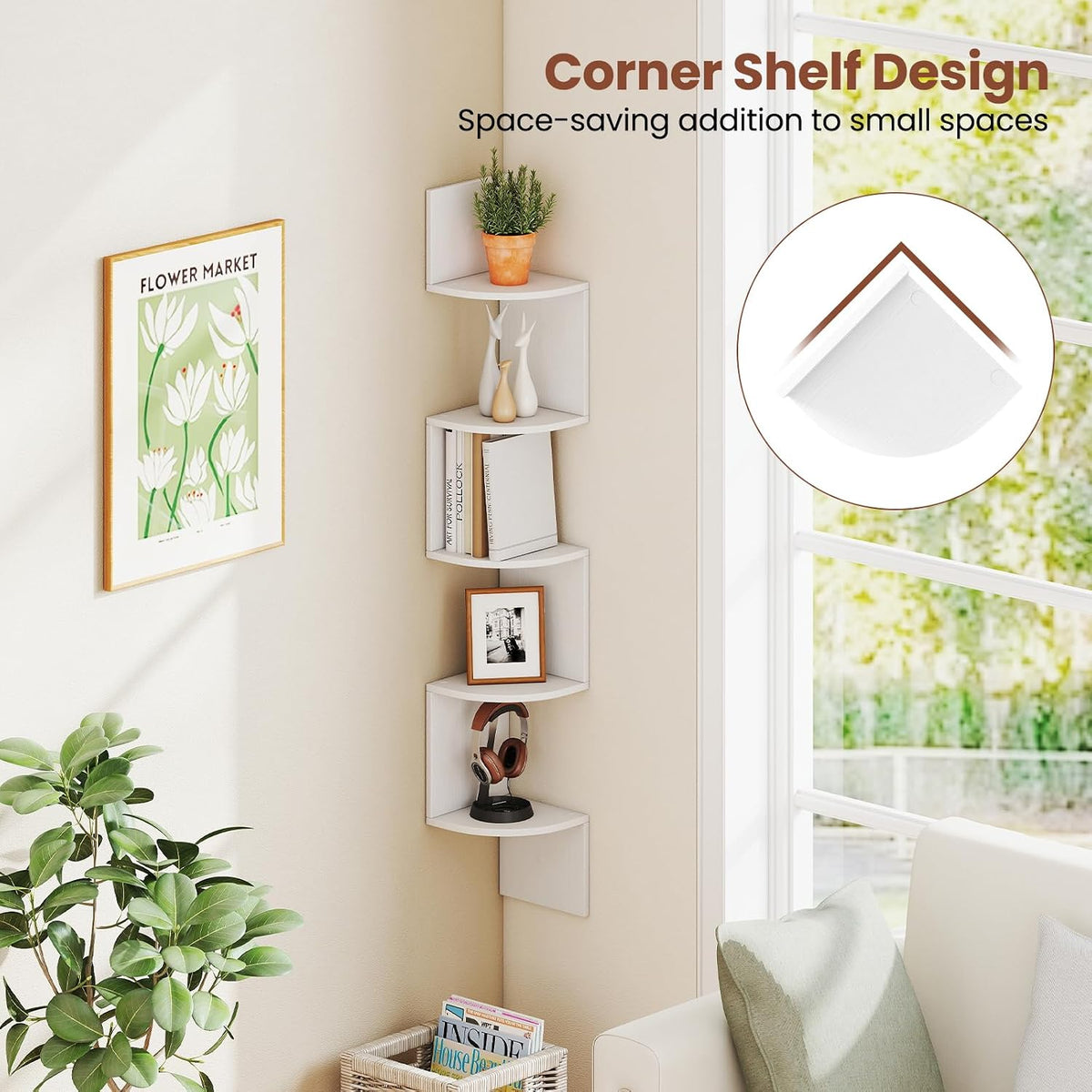 GIANTEX Corner Shelf Wall Mounted Set of 2, 5-Tier Floating Corner Bookshelf, Home Storage Organizer, Wooden Display Stand Rack for Wall, Plant Shelf for Living Room, Bedroom, Kitchen, White