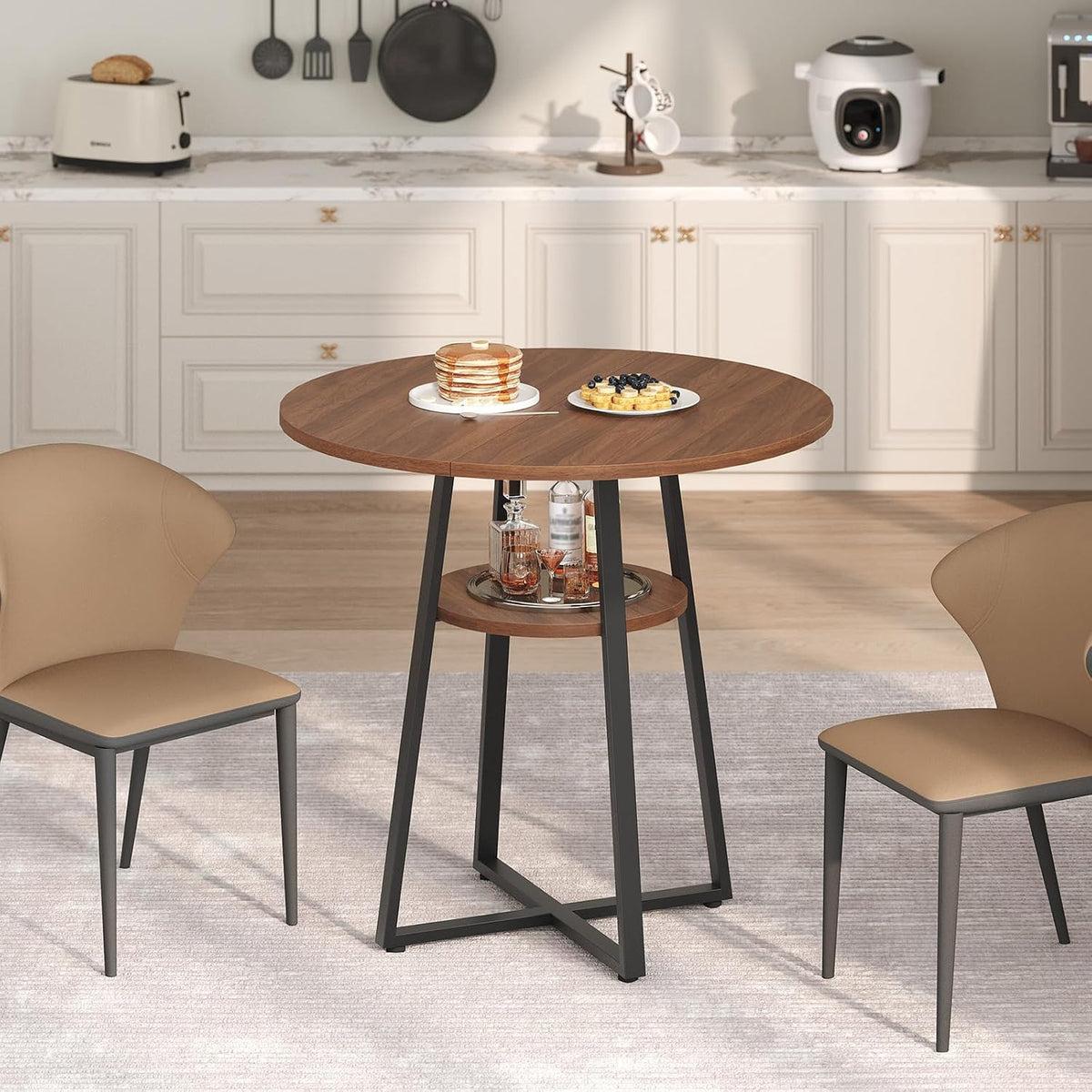 MAHANCRIS 31.5" Round Dining Table for 2-4, Farmhouse Kitchen Table with Storage Shelf, Small Circle Dining Table Space Saving, for Dining Room, Kitchen, Living Room, Walnut and Black DTHZ8201