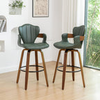 24.8" Swivel Bar Stools Set of 3,Mid Century Modern Counter Height Bar Stools,Green Upholstered Faux Leather Counter Stools with Arms and Fishtail-shaped Back,Walnut Wood Frame Home Bar Chair
