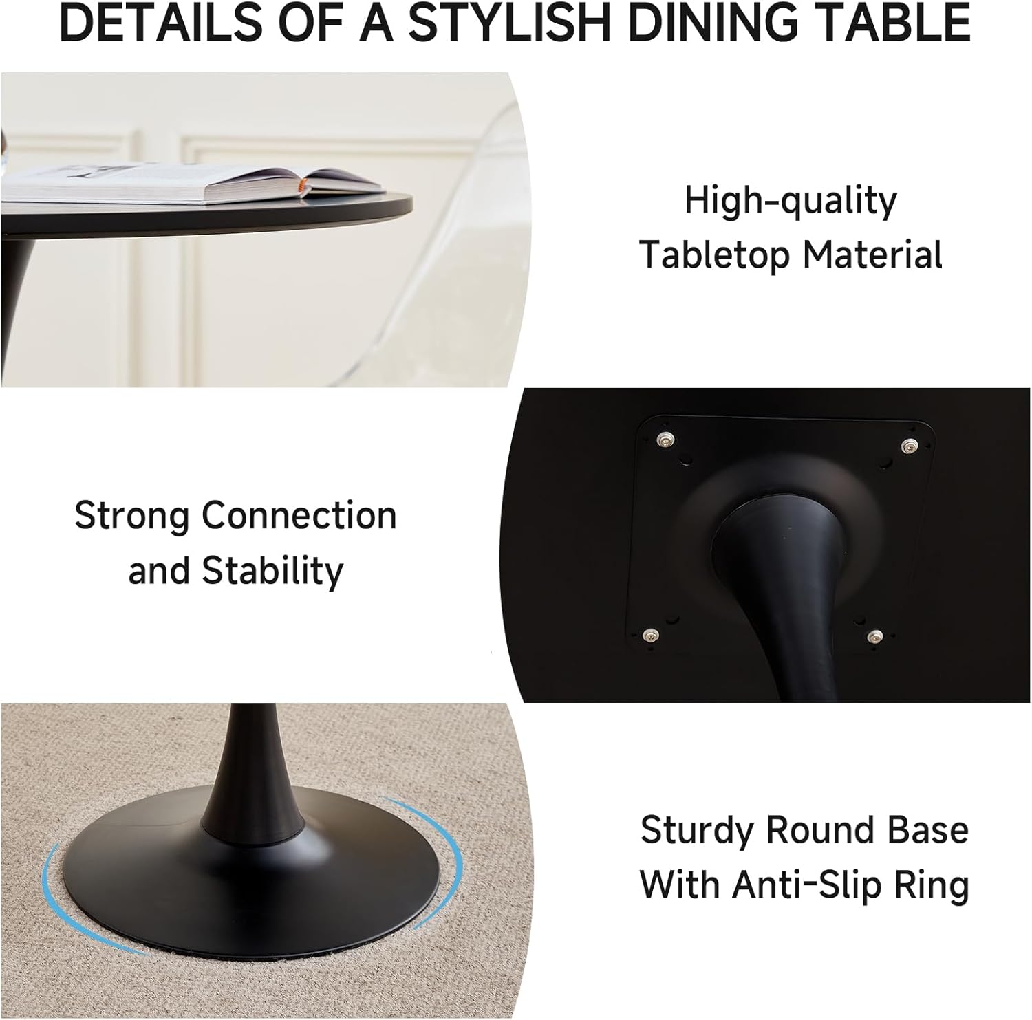 23.6" Small Round Dining Table for 2 4, [Sturdy Metal Tulip Base] Black Modern Circle Kitchen Table, Space Saving, for Dining Room Apartment Office