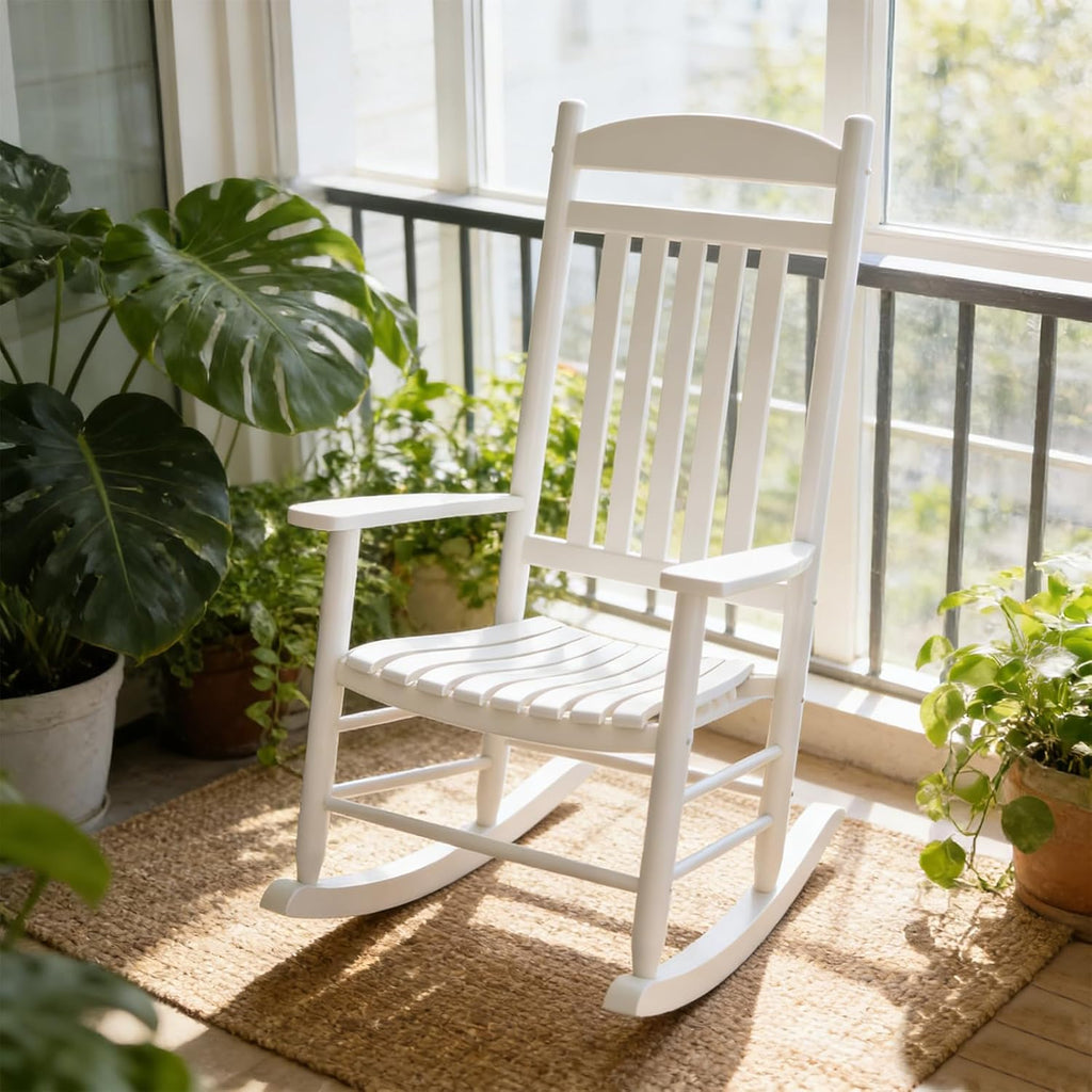 Wooden Outdoor Rocking Chair, Weatherproof Oversized Rocking Chair, Heavy Duty Comfort with 350 lbs Weight Capacity, Solid Relaxing Rocker with High Back for Patio, Porch, Living Room (white)
