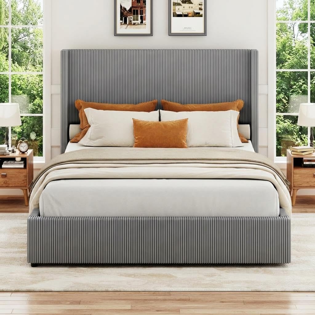 King Bed Frame with 4 Storage Drawers, Corduroy Upholstered Platform Bed