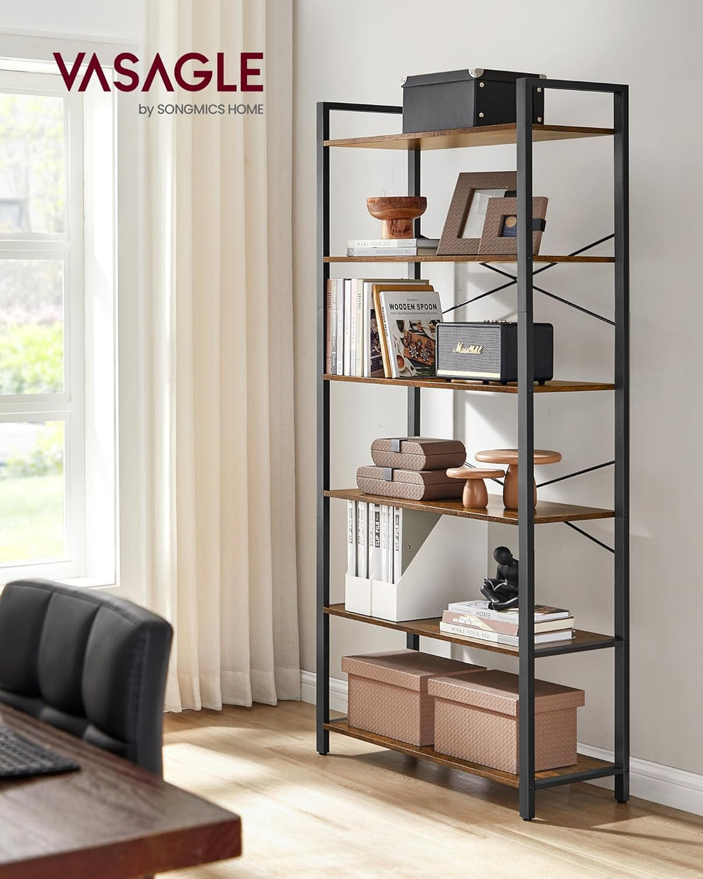 VASAGLE 6-Tier Bookshelf, Bookcase with Steel Frame, Book Shelf for Living Room, Home Office, Study, 11.8 x 31.5 x 73.2 Inches, Industrial Style, Rustic Brown and Ink Black ULLS082B01