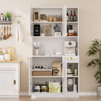 White Kitchen Pantry Cabinet, 71" Hutch Cabinet with Countertop & Power Outlet & Adjustable Shelves, High Gloss Wood Buffet Cabinet with Microwave Stand for Living Room, Dinning Room