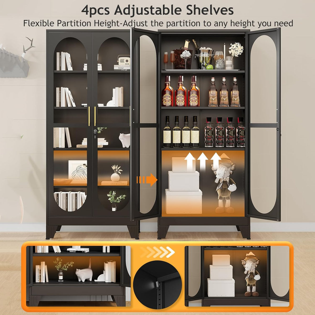 PAOFIN 71" H Locking Display Cabinet with Glass Door, Metal Curio Cabinets with 4 Adjustable Shelves, Tall Liquor Cabinet Display Case for Living Room, Collectibles, Home - Assembly Required Black