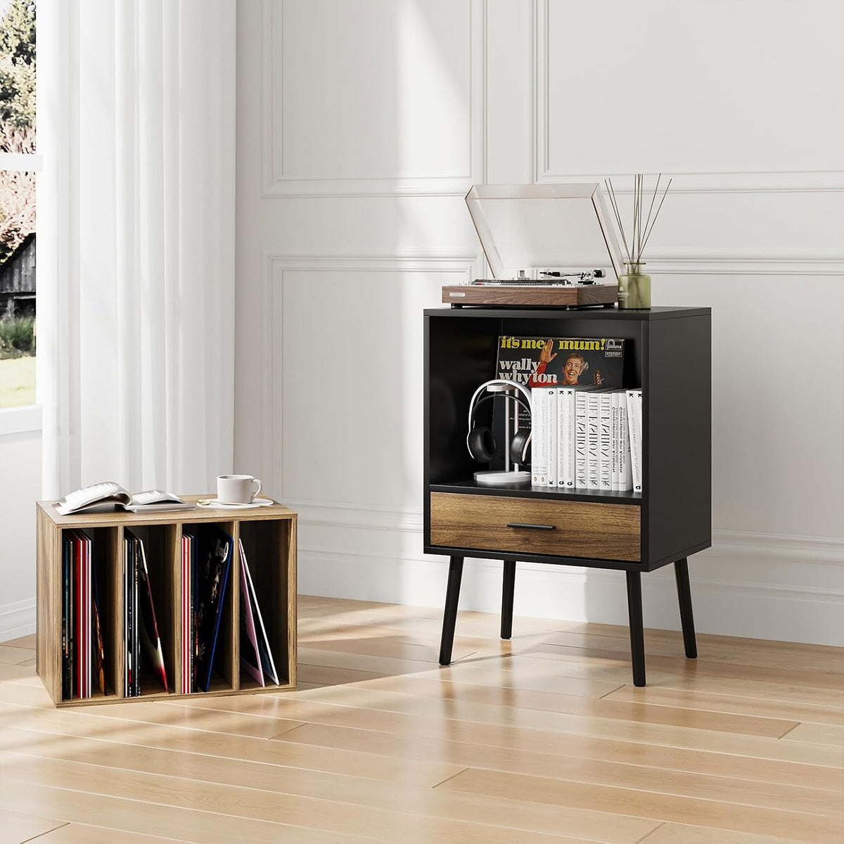 Record Player Stand with Vinyl Record Storage, Turntable Stand with Storage Cabinet Holds up to 180 Albums, Mid-Century Vinyl Holder Storage Shelf for Living Room
