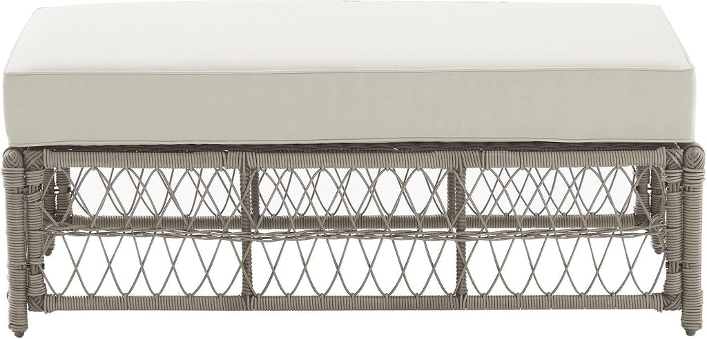 Crosley Furniture Thatcher Wicker Coffee Table and Ottoman Foot Rest for Porch, Deck, Backyard, Driftwood with Creme Cushions