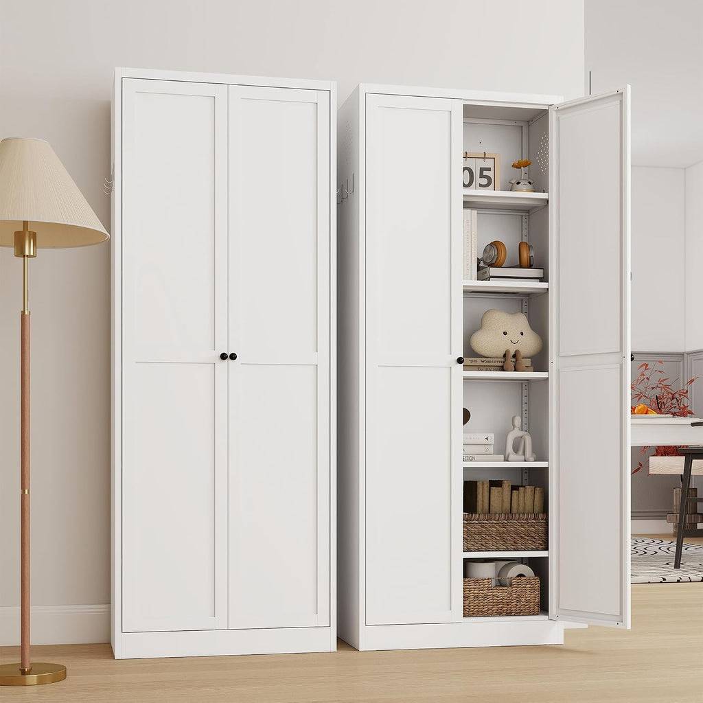White Kitchen Pantry Cabinet, 72" Tall Metal Storage Cabinet with 2 Door and 5 Adjustable Shelves, Pantry Cabinets for Kitchen Storage, Assemble Required