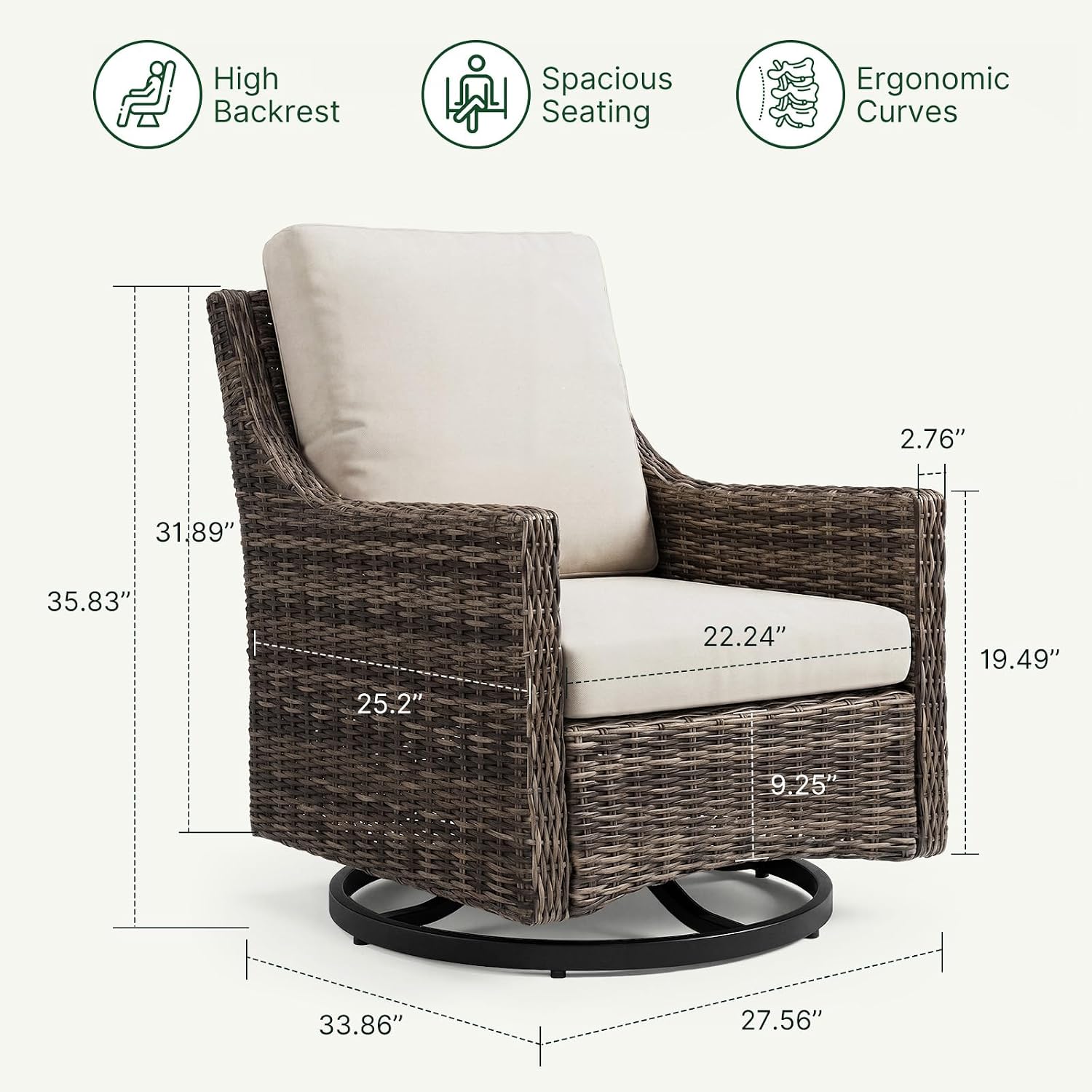 Outdoor Swivel Rocker Patio Chair with Premium Cushion, High Back Wicker Patio Swing Glider for Deck, Porch, Patio and Poolside (Beige, 1 Pcs - Swivel Glider)