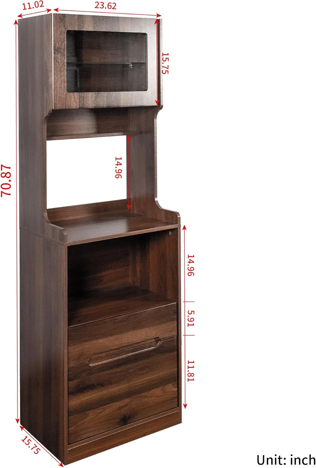 Farmhouse Kitchen Pantry Storage Cabinet with Microwave Stand - Freestanding Buffet Hutch Sideboard with 2 Drawers, Open Coffee Bar Shelf & Cable Hole, Wood Buffet Server for Dining Room & Kitchen