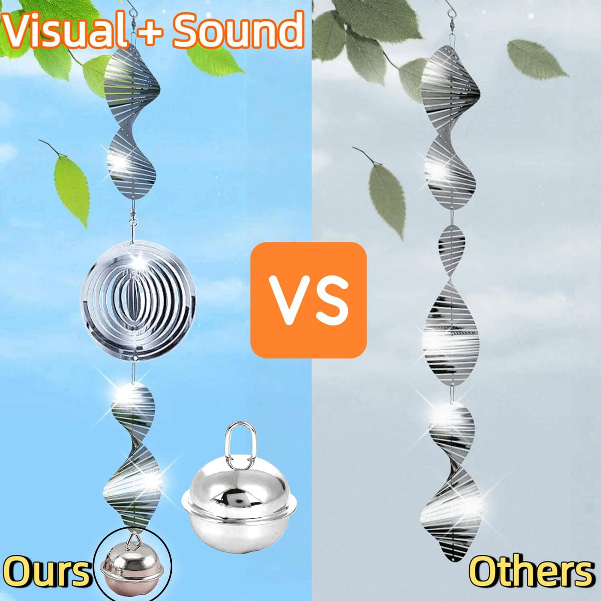 Stainless Steel Wind Spinner with Bells,Visual & Sound Bird Scarer to Keep Woodpeckers, Pigeons Away, Garden Decor for Yard, Patio, Farm Protection