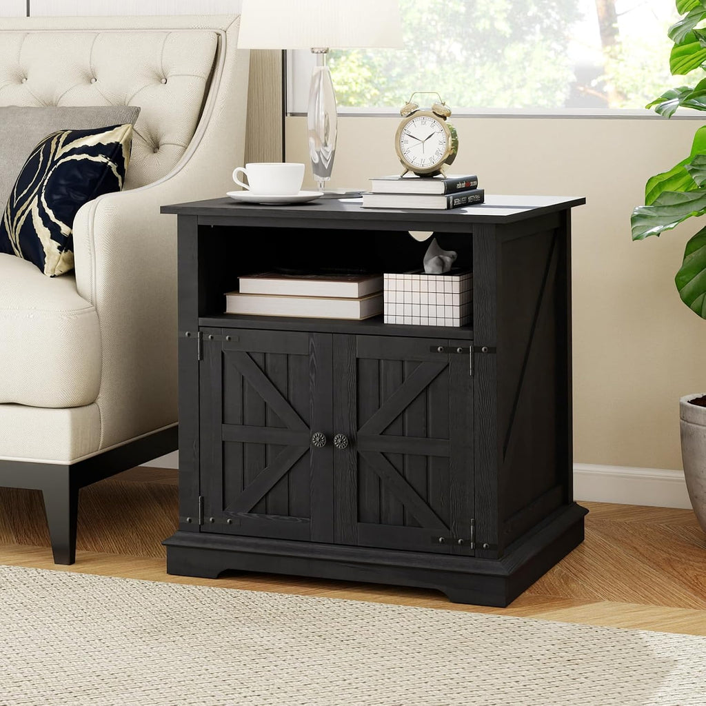 MUUEGM End Table Set of 2 Large Side Table 24" Farmhouse Nightstands with Charging Station Wood Bedside Night Stands with Adjustable Storage Shelf for Living Room, Bedroom