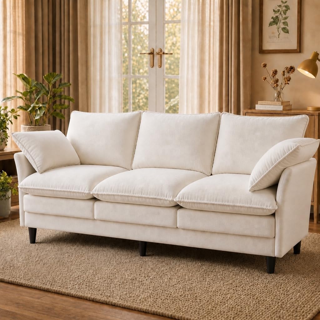 KYJ 69” Small Sofa, Cloud 3-Seat Love Seat, Small Couch for Living Room | 3 Layer Cushion, Washable Pillow, Deep Seat, Chenille Fabric, Raised Leg, Curved Armrest, In a Box for Small Spaces, Beige