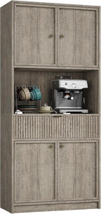 IDEALHOUSE Tall Storage Cabinet, 70" Kitchen Pantry Cabinet with Doors, Fluted Kitchen Hutch Cupboard with Microwave Shelf & Drawer, Freestanding Cupboard for Dining Room, Living Room, Gray