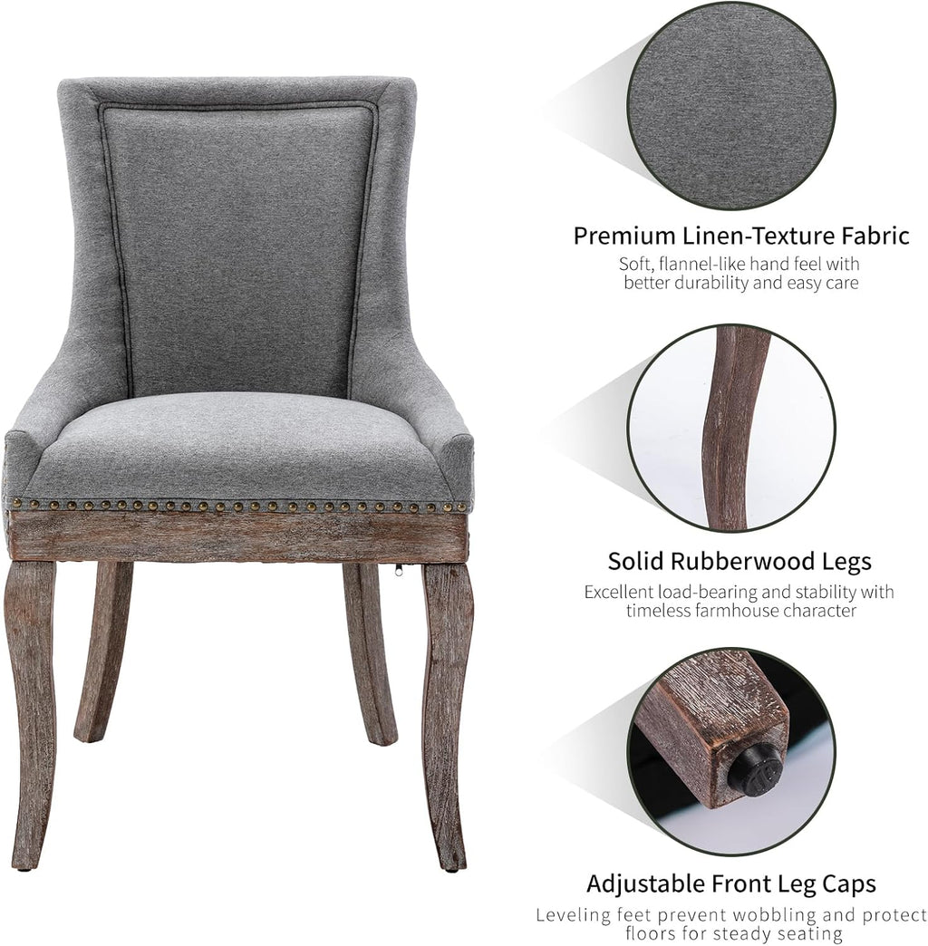 Modern Dining Chairs Set of 2, Fabric Upholstered High Back Chairs with Nailhead Trim and Curved Solid Wood Legs, Sillas de Comedor Accent Chairs for Dining Room, Gray