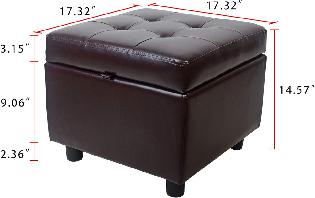 H&B Luxuries Tufted Leather Square Flip Top Storage Ottoman Cube Foot Rest (Brown with Storage)